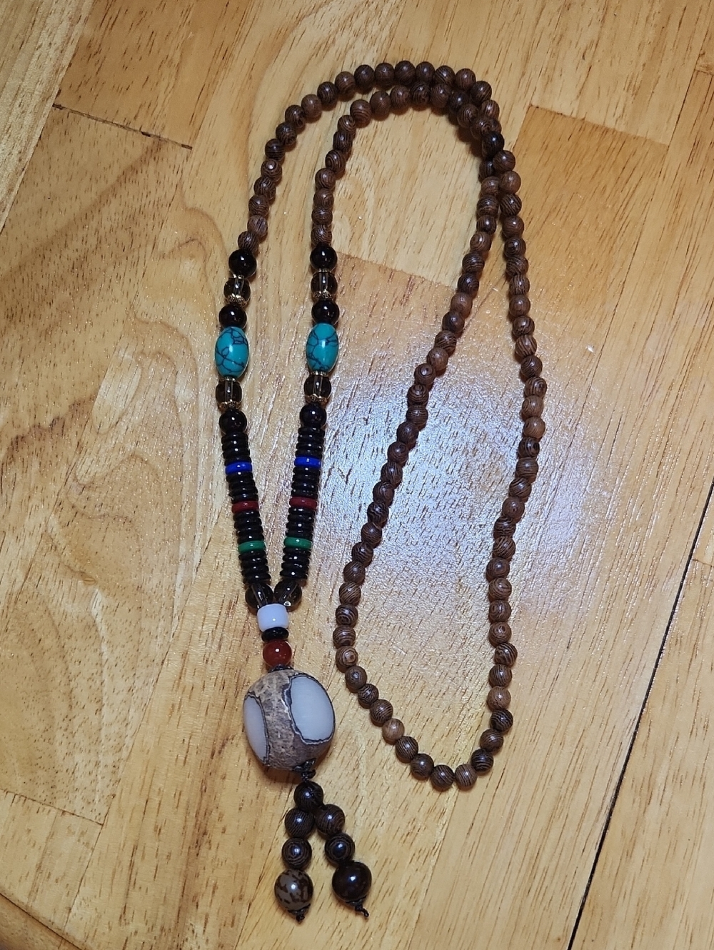Bohemian Brown Bead Necklace with Turquoise Accents
